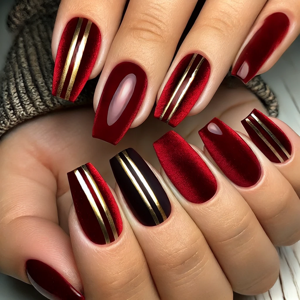 Velvet Red Nails with Gold Accents 