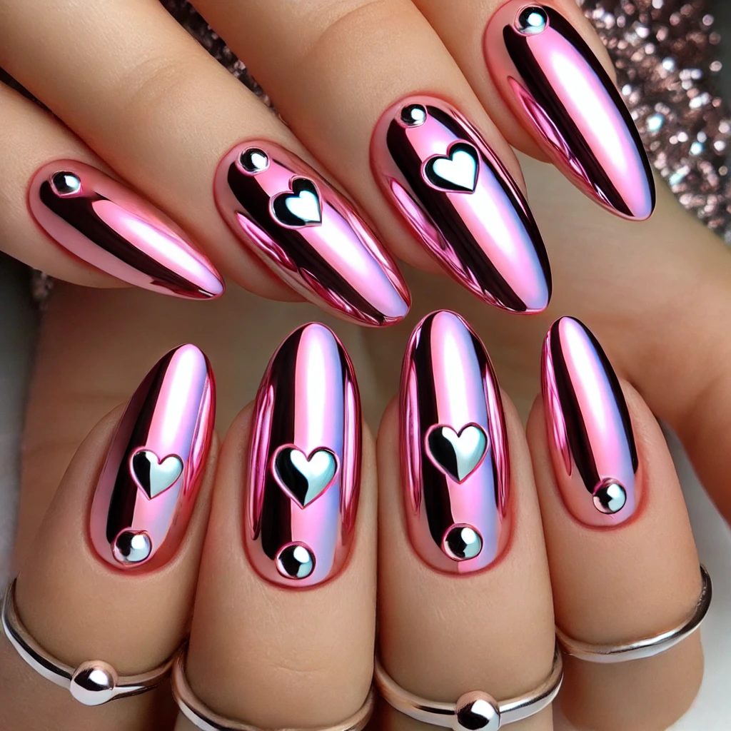 Pink Chrome Nails with Heart Decals 